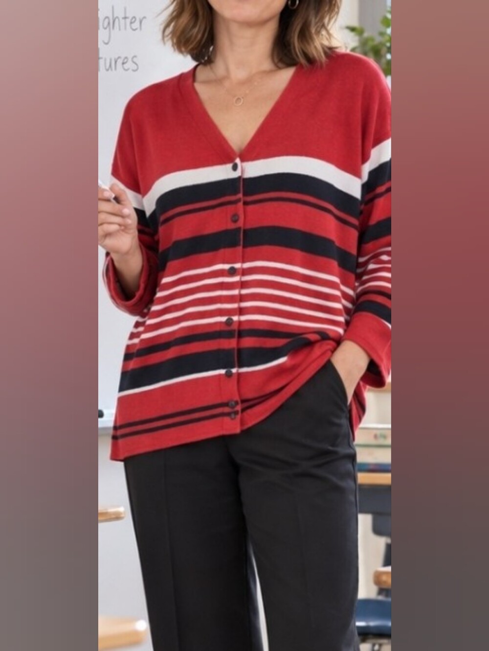 Liz Claiborne Red Striped Button-Front V-Neck Women's Vardigan Sweater